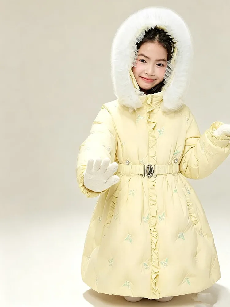 Kinder Mädchen Prinzessin Daunenjacke 90% Weiße Entendaunen Lange Kapuzenjacke Rüschenbesatz Warme Winteroberbekleidung 3-12 Jahre A5106 – Detail 5
