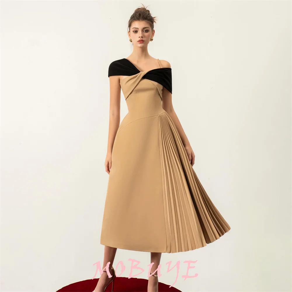 MOBUYE 2024 Popular Off The Shoulder Neck Prom Dress Tea-Length With Short Sleeves Evening Fashion Elegant Party Dress For Women