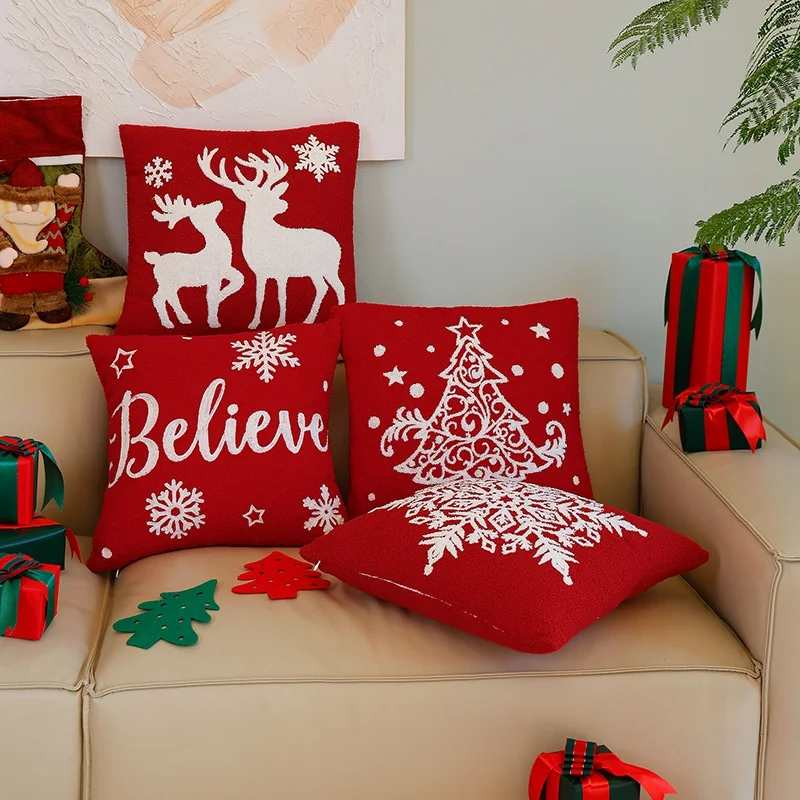 

2025 Christmas Series Plush Throw Pillow Cozy Warm Snowflakes Elk Pine Tree Pattern Pillow Sofa Cushion Lovely Festival Decor