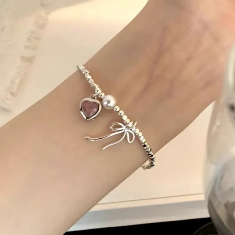 

Модный браслет с розовым сердечком для женщин, серебряные геометрические бусины, регулируемые браслеты Y2K для женщин и девочек, модные украшения