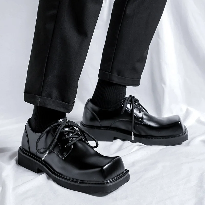 men fashion wedding party dress original leather shoes lace-up square toe shoe black stylish brand designer youth footwear male