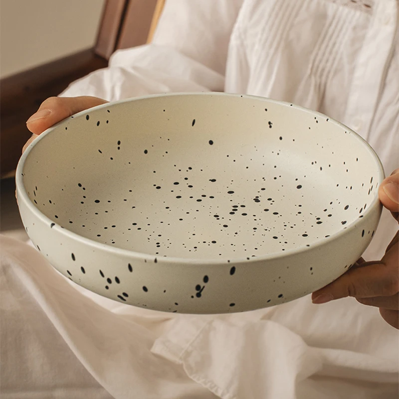 Simple 8 Inch Vegetable Bowl Ceramic Tableware Household Large Capacity Splash Ink Fruit Salad Bowls Matte Deep Plates