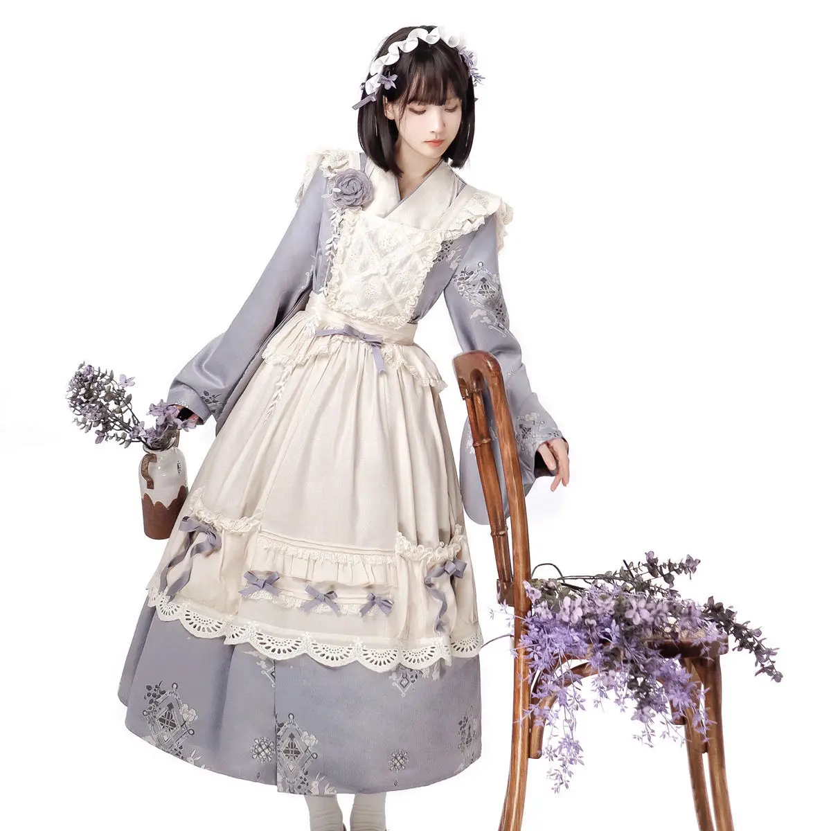 

Japanese Style Flower Long Sleeved Op Lolita Dress Bow Lace Splicing Apron Women 2024 Autumn Sweet Cosplay Party Maid Outfit