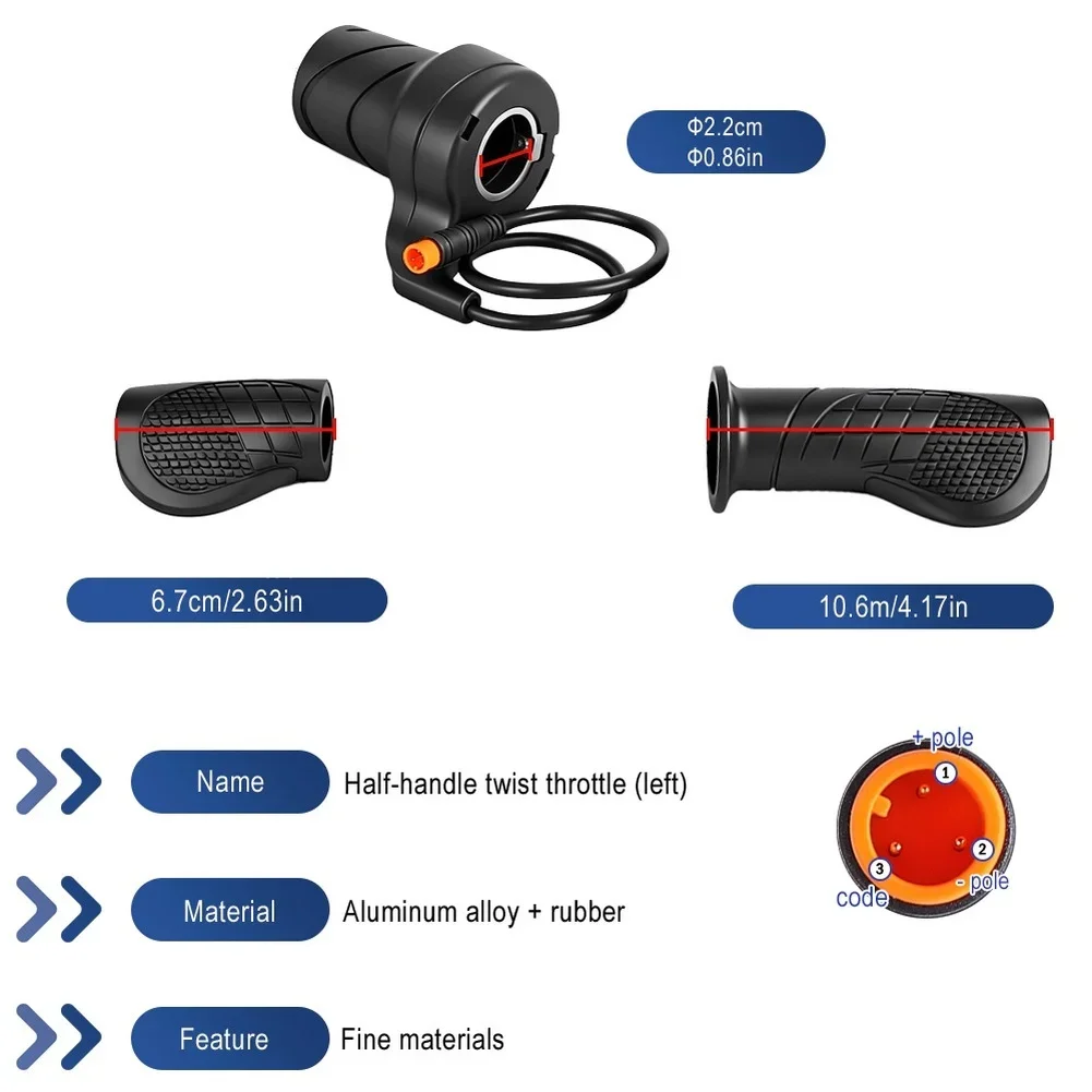 Half Twist Throttle Handlebar for Electric Bicycles with Waterproof 3-Pin Connector and Ergonomic Rubberized Grip