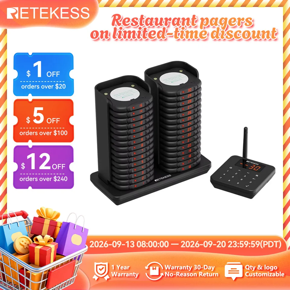 RETEKESS TD186 Restaurant Pager Wireless Calling System Anti-Tipping Design Vibrators Beeper Paging Bell for Coffee Food Truck