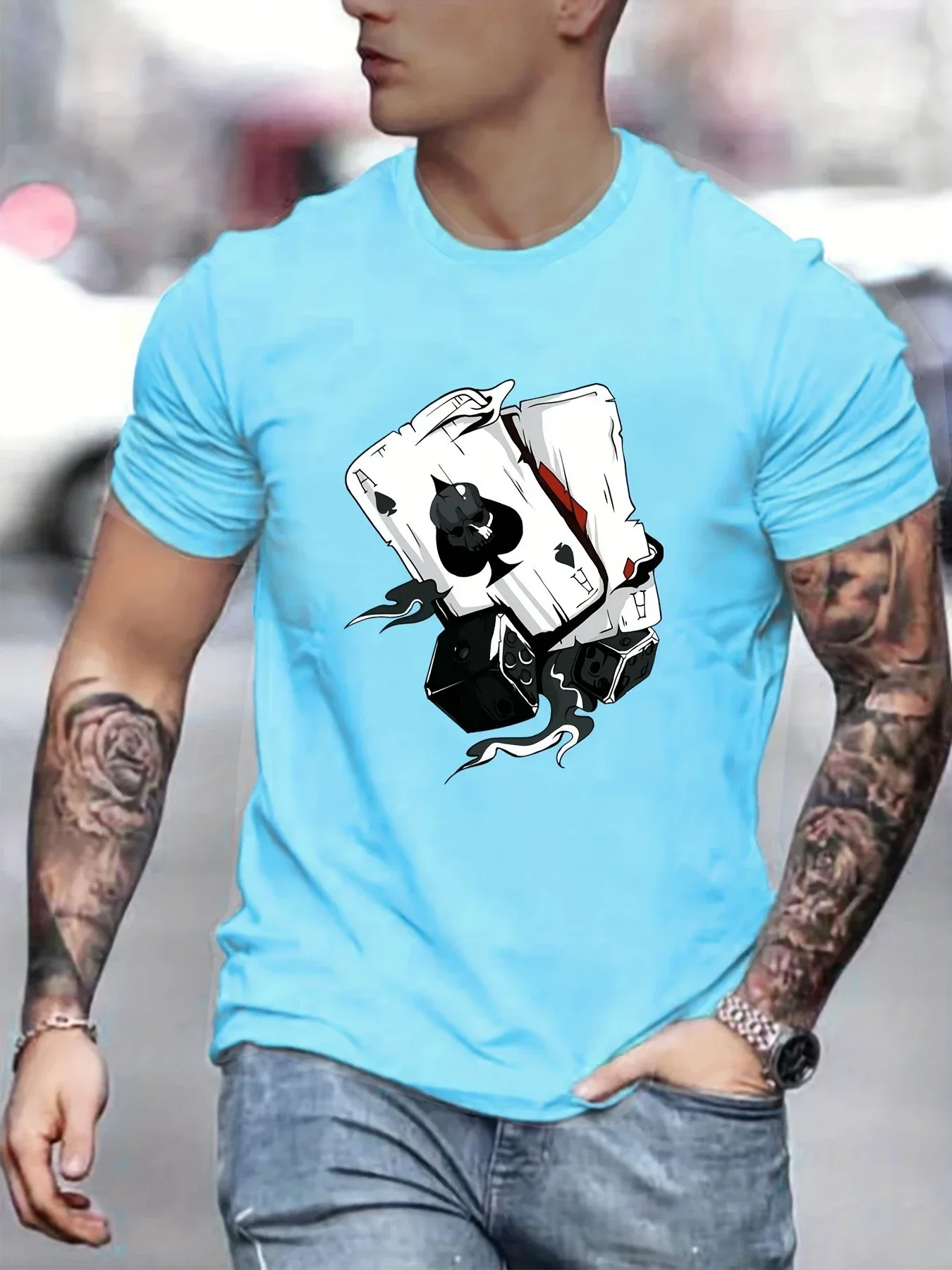 3D Skull Spade Ace Playing Cards Dice Smoke Graphic Men T-shirt Poker Gambling Street Hip Hop Crew Neck Short Sleeve Tops