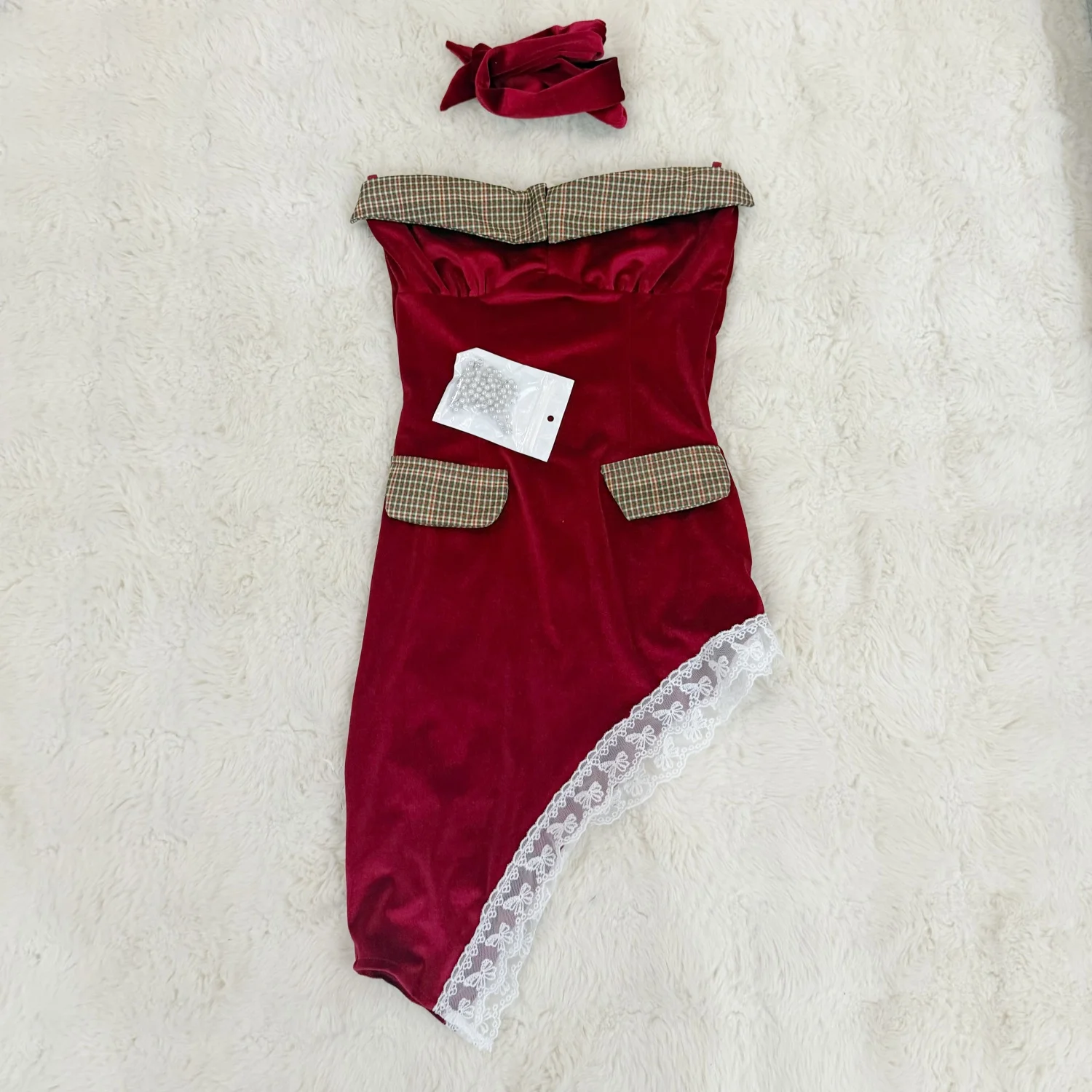 Sexy Red Velvet Cisas New Year Pearl Chain Strapl Dr Autumn Winter Women's Faion Ele Sle Svel Bodycon...