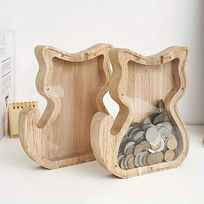 1pcs Wooden Cat-shaped Coin Bank with Transparent Plastic Lid, Coin Storage, Perfect Gift for Festivals, Home Table Storage