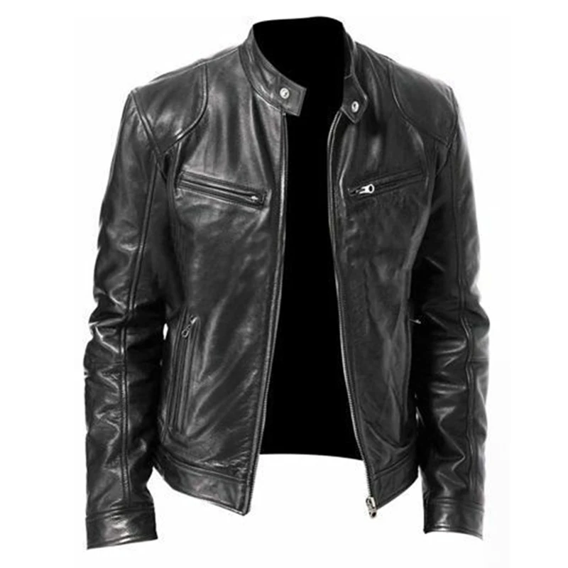 

2023 Fashion Mens Leather Jacket Slim Fit Stand Collar PU Jacket Male Anti-wind Motorcycle Lapel Diagonal Zipper Jackets Men