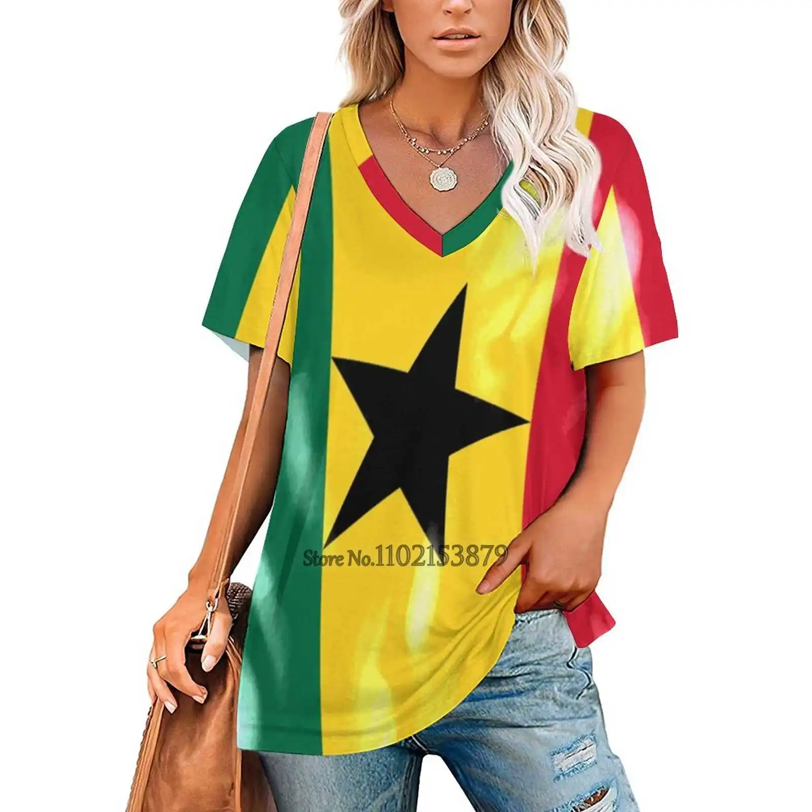 Ghana Flag Women's T-Shirt Casual Short Sleeved Tops V-Neck Zipper Tee Ladies Loose T Shirts Ghana Flag Flame Ghana Flag Flame