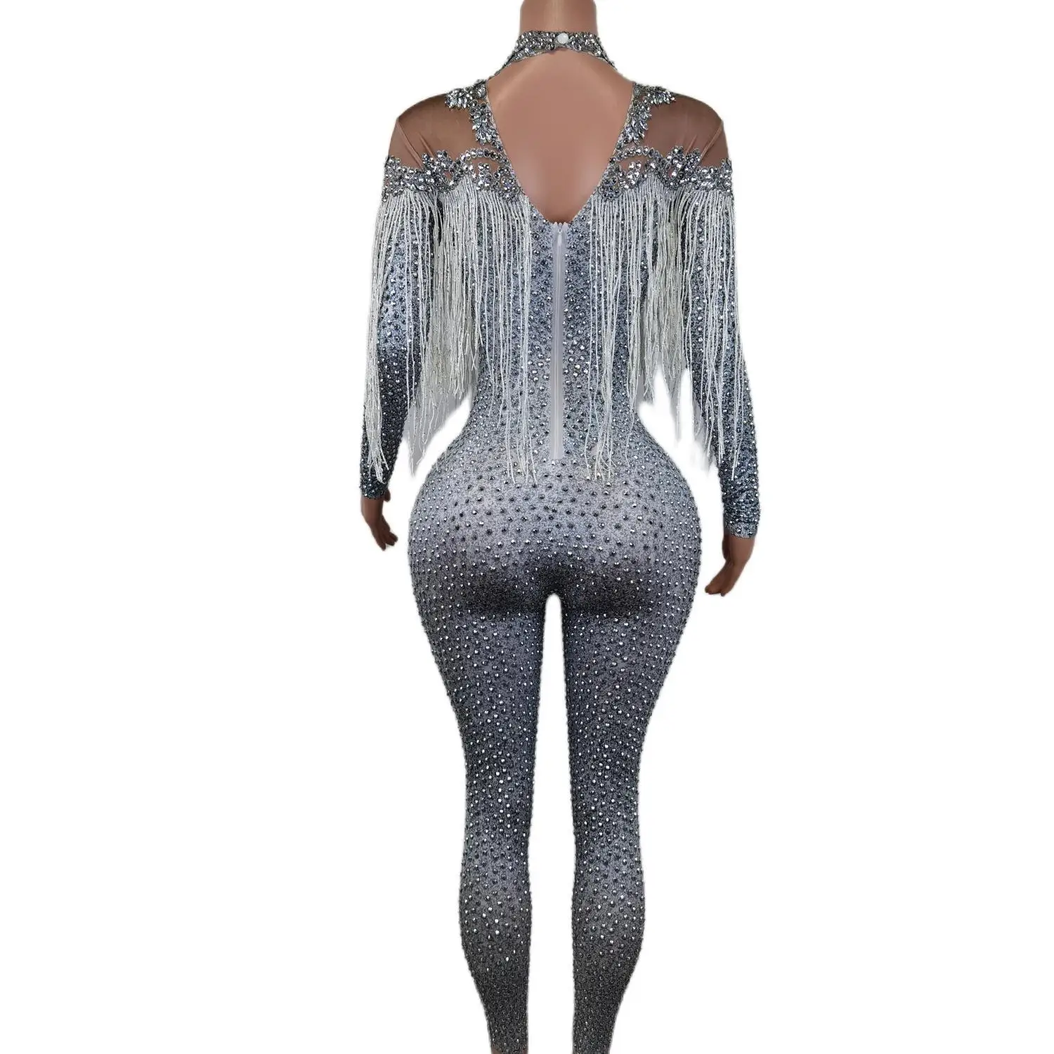 Shinny Kristalle Overall hell silberne Strass Quaste Bodysuit Frauen feiern luxuriöse Kostüm Stretch Overall Yiwan