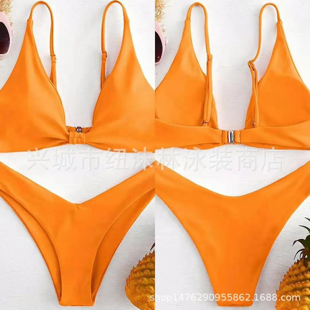 New Solid Color Womens Bikini Set Beach Pleated Beauty Back New Swimwear for Women Swimsuit