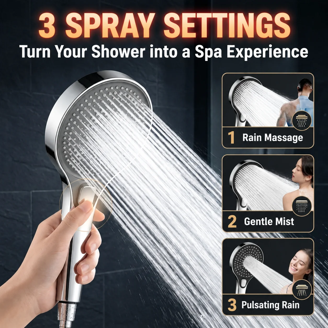 High Pressure Shower Head 3 Modes Large Face Powerful Flow Water Saving Handheld Sprayer Bathroom Booster Showerhead Nozzle