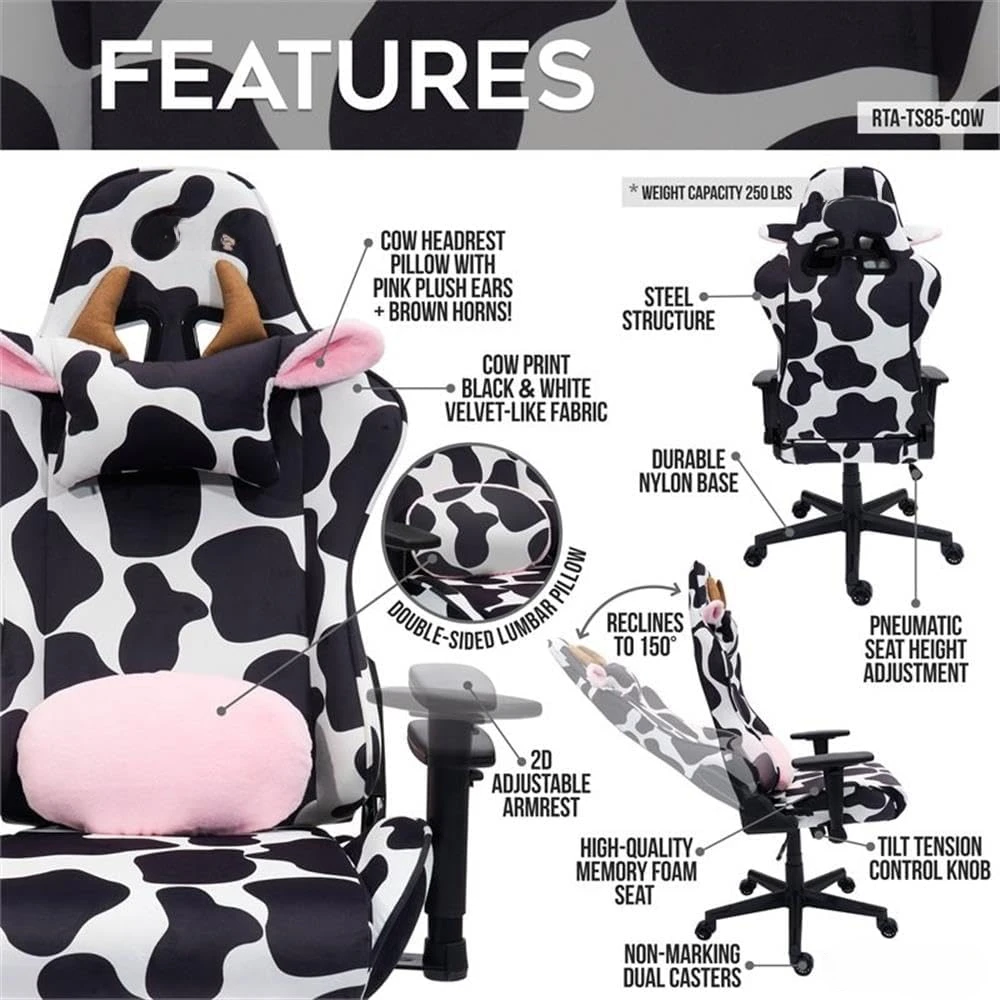 Gaming Chair, High-Quality Cow Print Fabric Series Black/White, Pink Ears + Brown Horns, Velvet Fabric, Computer Chair