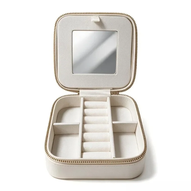 Portable Jewelry Box Necklace Ring Earrings Organizer Holder Case with Mirror and Divider Zipper Square Storage Case for Travel