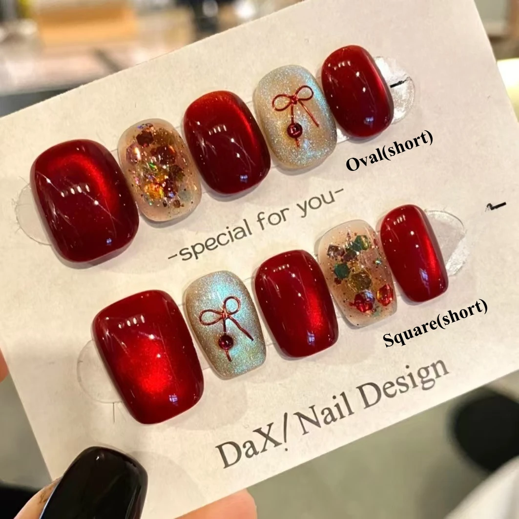 

10 шт., короткая одежда ручной работы, белый маникюр, красный бант, дизайн, вспышка, продвинутый кошачий глаз, темперамент ногтей, дизайн ногтей