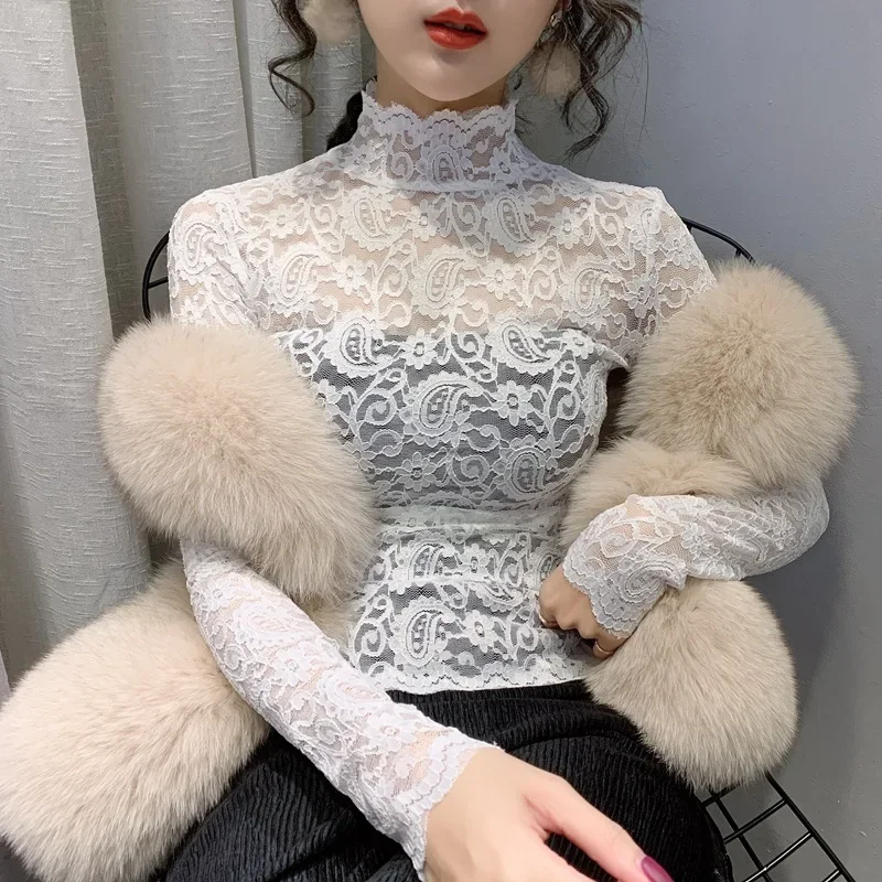 Elegant Women Lace Blouse 2024 Sexy See Through Ladies Tops Long Sleeve Clothes Summer Vintage White Shirt Streetwear Blouses