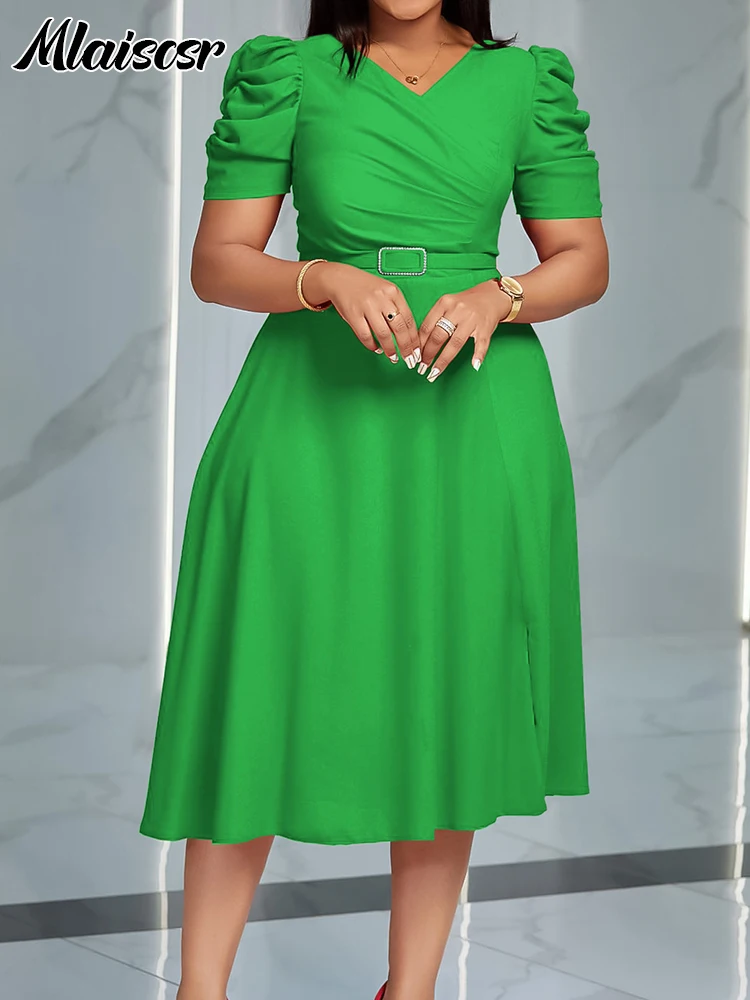 Mlaiscsr Green Pleated A Line Mid Dresses with Belt Women V Neck Short Sleeves Elegant Office Lady African Female Birthday Robe