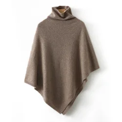 100%Wool Turtleneck Poncho Pullover Shawls Women Knitted Irregular Cloak Fashion Soft Warm Wollen Bat Sleeve Loose Thin Coat