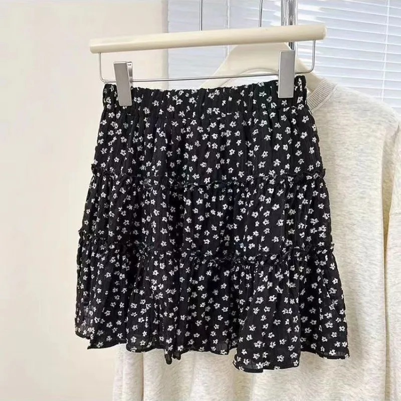 تنانير نسائية مطبوعة باللون الأسود Feminino بسيطة بخصر مطاطي كاجوال للسيدات شارع العليا ريترو على شكل حرف a على الطراز الكوري صغير الكل مباراة #2