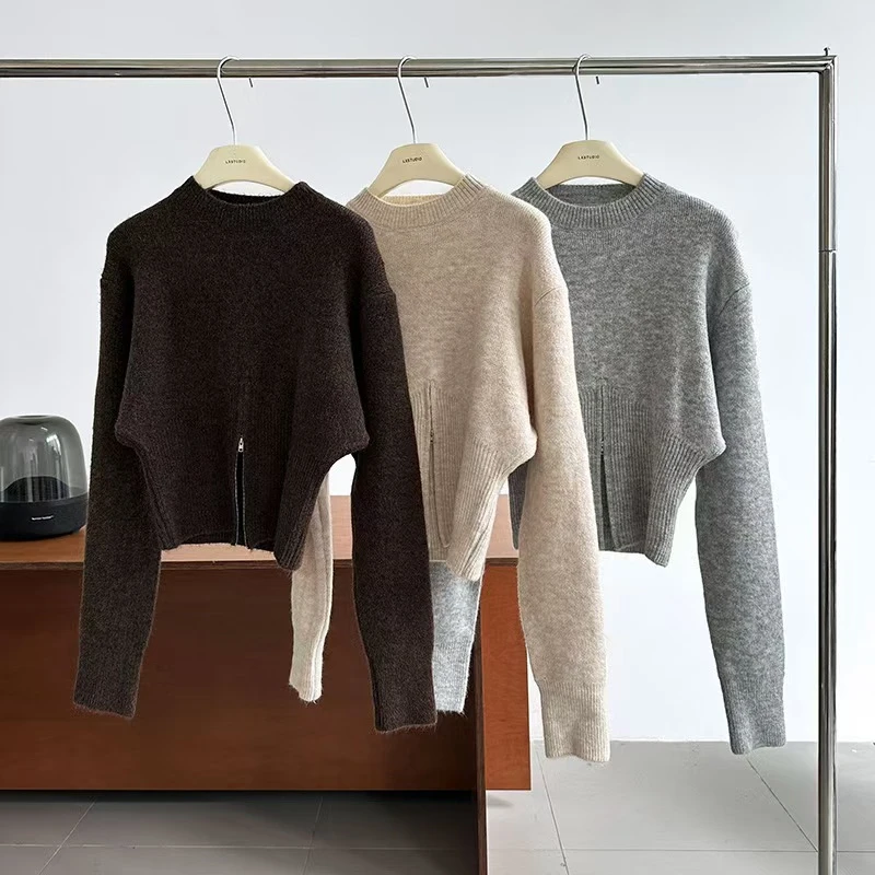 2025 outono estilo coreano o pescoço fino ajuste camisola moda casual camisola de manga comprida elegante cor sólida camisola com zíper