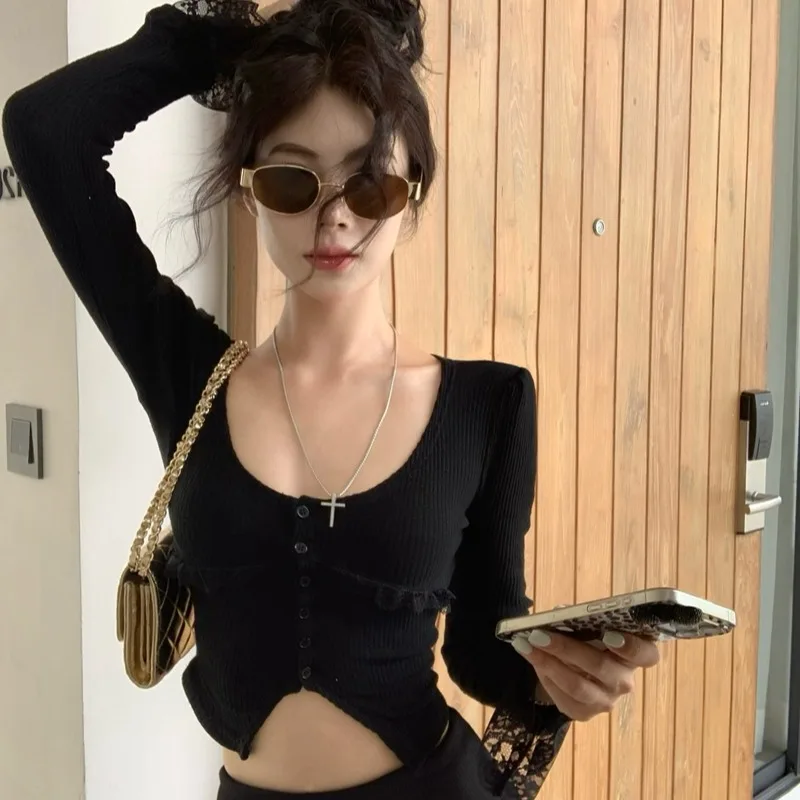 Cárdigan largo ajustado con ribete de encaje Sve V-Ne para mujer, cintura alta, campana, mezcla de algodón y poliéster, Faion de invierno