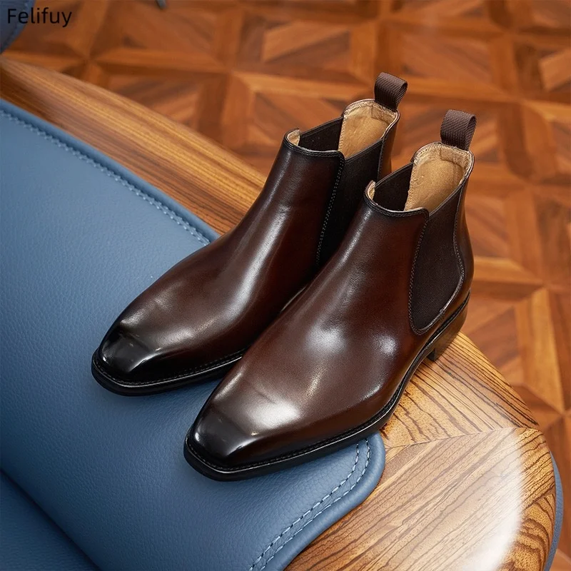 

Коричневые мужские ботинки челси из натуральной кожи, высокие, на молнии, с острым носком, на массивном каблуке, в мотоциклетном стиле