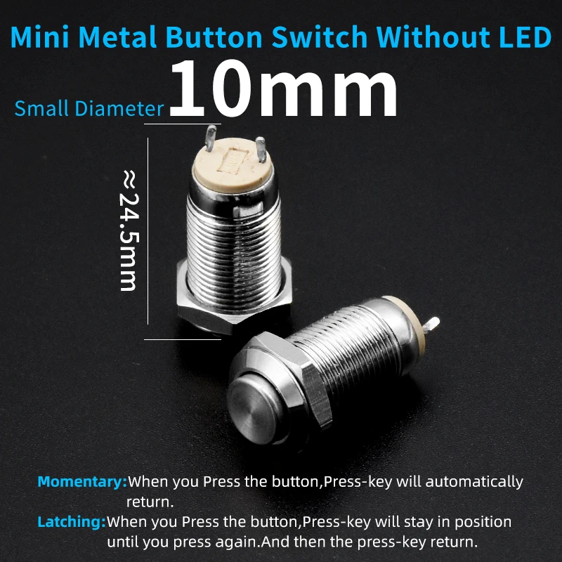 1pc 10MM 2pin Panel Hole Metal Push Button Switch Latching Power Push Button High Head Self Locking/ Reset Soldering IP67 1NO