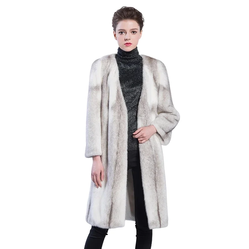 HQ High quality natural mink coat women fashion velvet mink coat V collar fur scarf temperament long winter warm