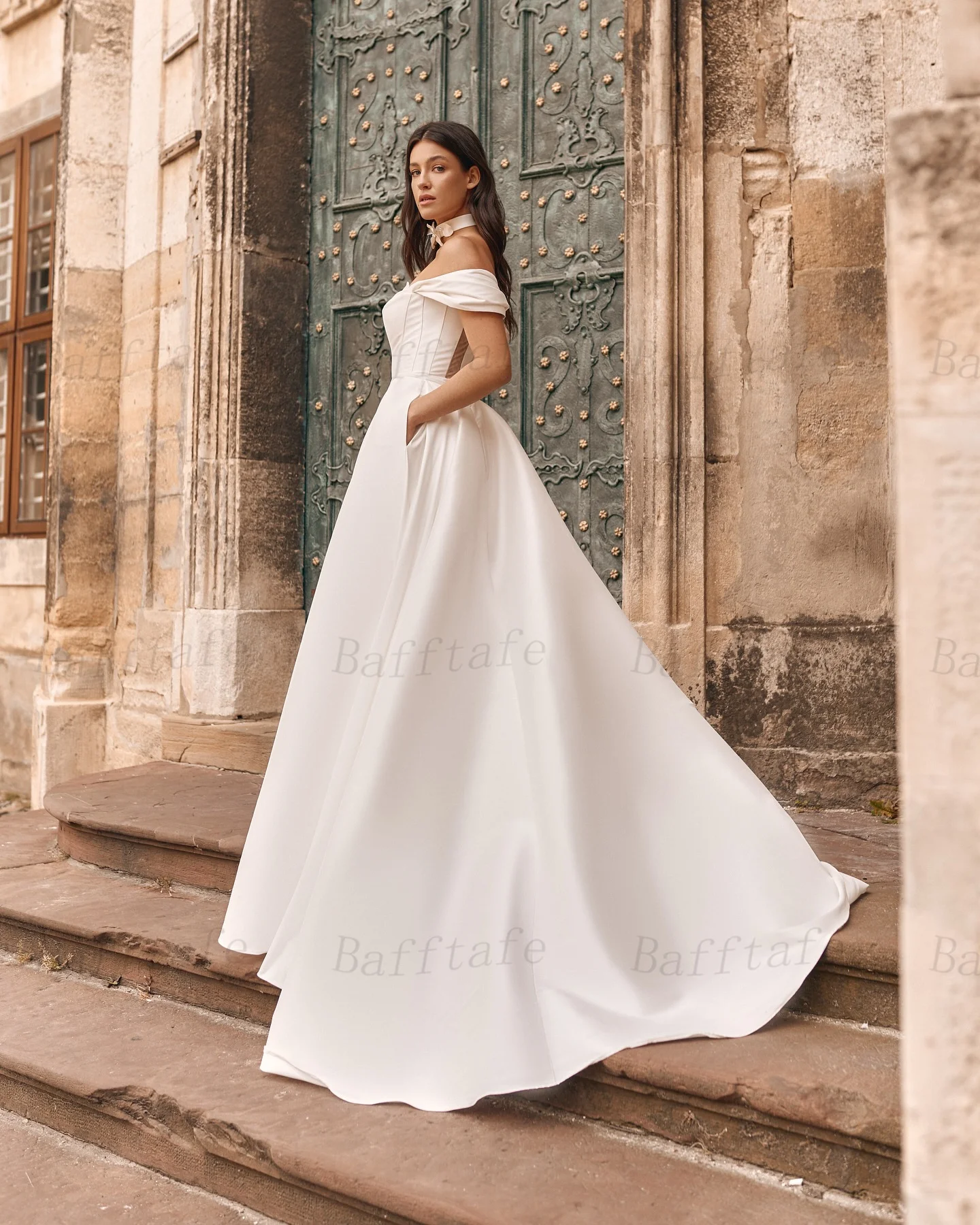 Bafftafe Custom Made 2 Pieces A Line Satin Wedding Dresses Overskirt Off The Shoulder Short Bridal Dress Women Wedding Gowns