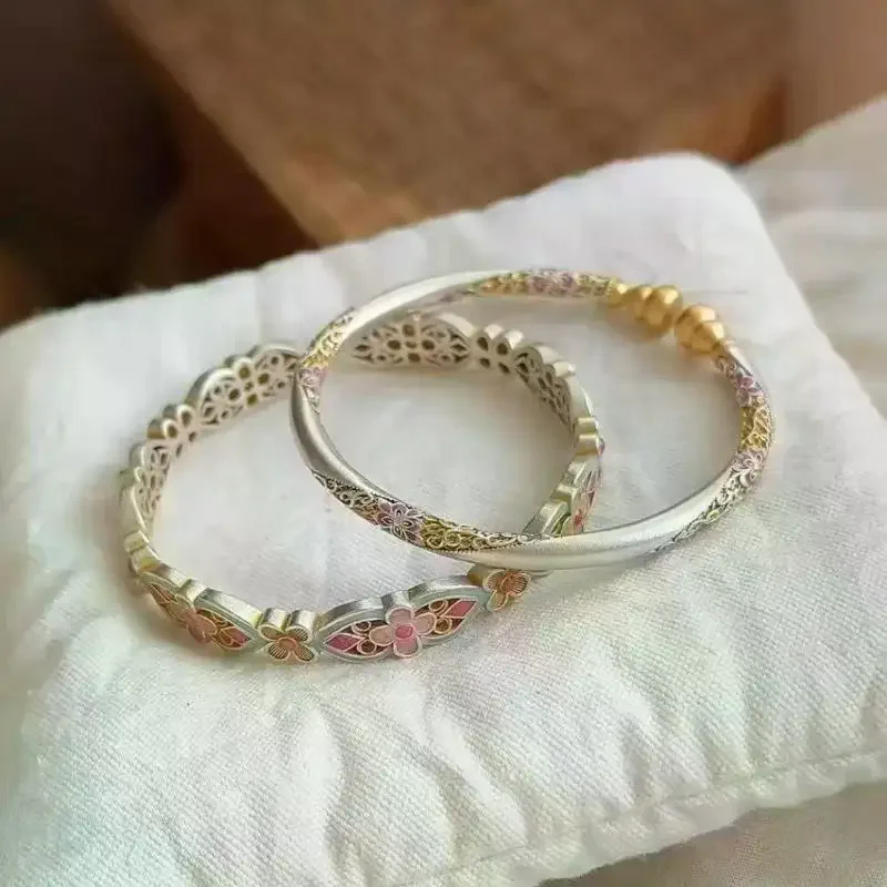 New Chinese-style Retro Colored Enamel Bracelets For Women Flower Pattern Traditional Techniques Luxury Jewelry Gift