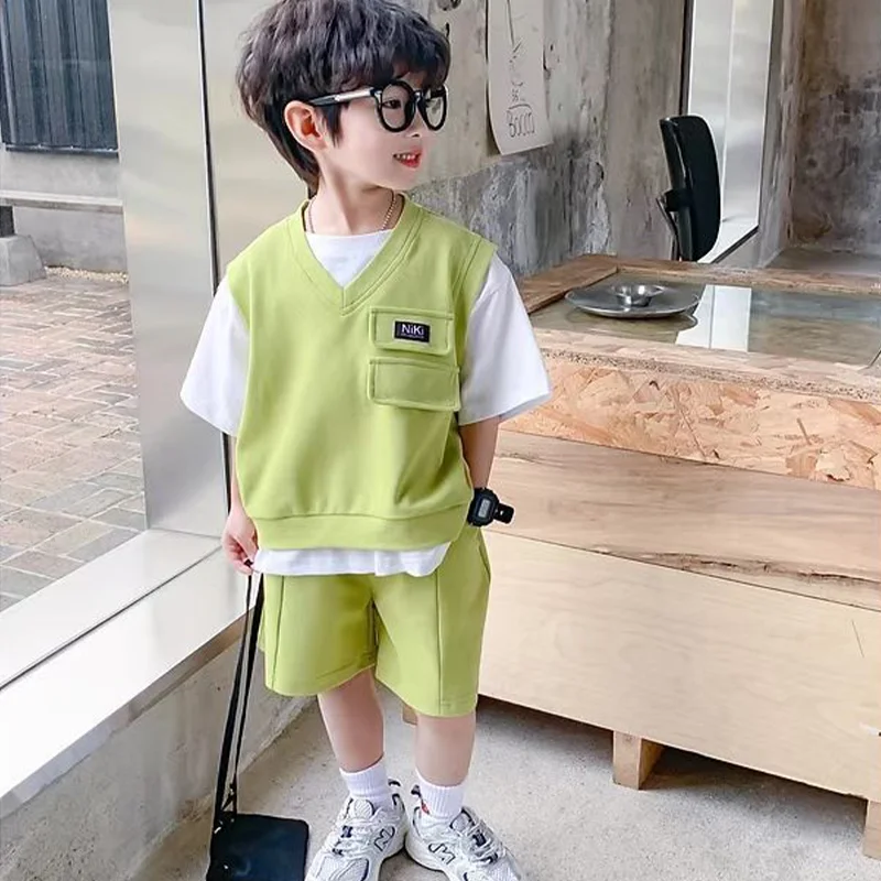 2-8 Years Boys Summer Fashion False 2-Piece T-shirt & Shorts 2-Piece Outfit Kids Casual Loose Short Sleeve Spliced Tracksuit Set