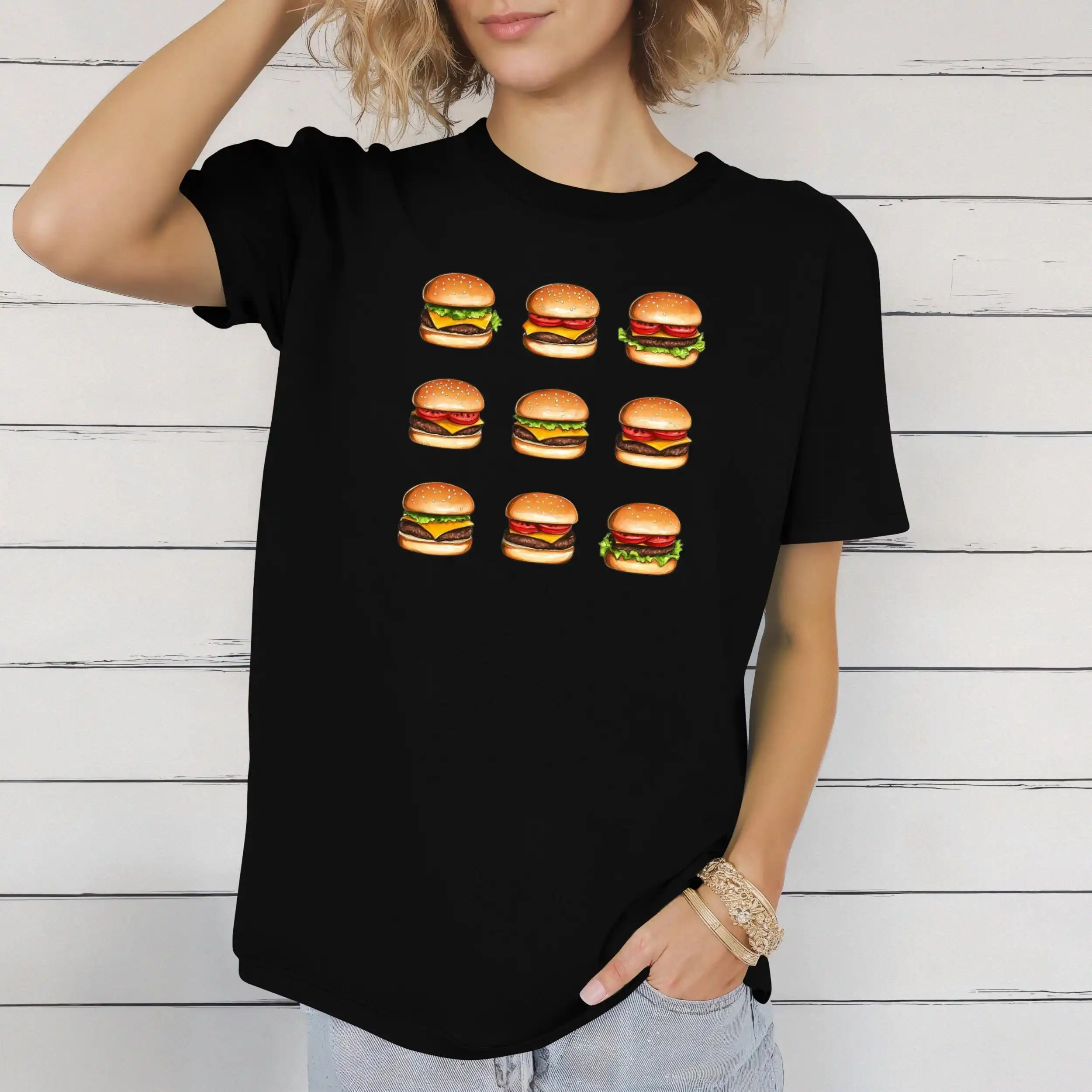 Hamburger T Shirt Food Lover Funny Burger Design Classic American Cuisine Retro Fast Apparel Casual BBQ