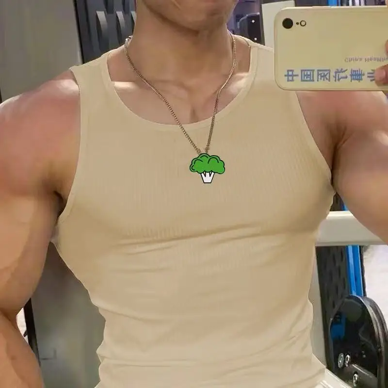 GYM VEST American Summer Knit Ice Silk Ribbed Fitness Sports Leisure Slim Men's Vest Men's I-back Solid Color Sleeveless Vest 2