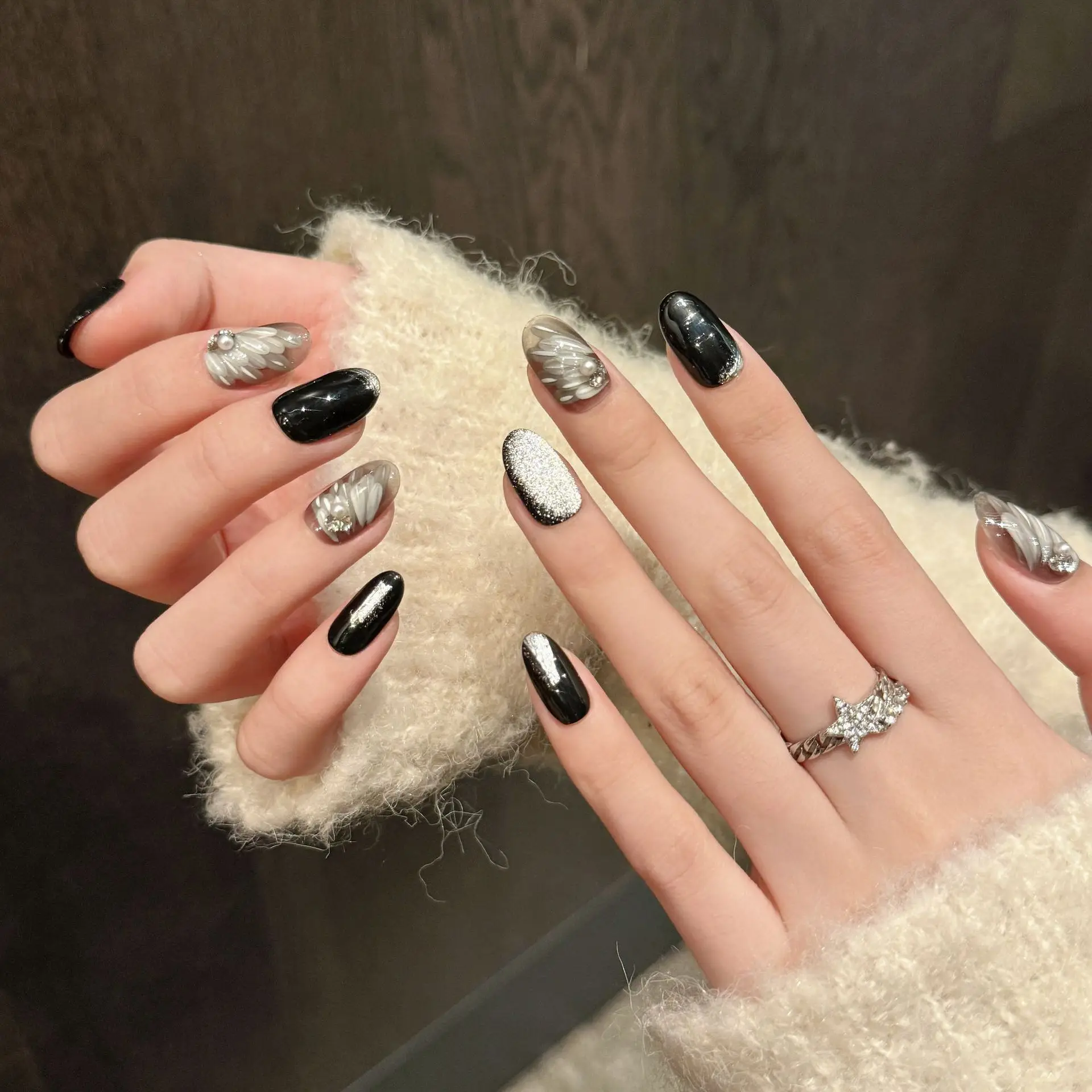 10pcs Handmade False Nails Sets Black Cat's Eye Full Cover Nail Tip Simple Pearl Design Fake Nails Press on Glitter Manicure Art