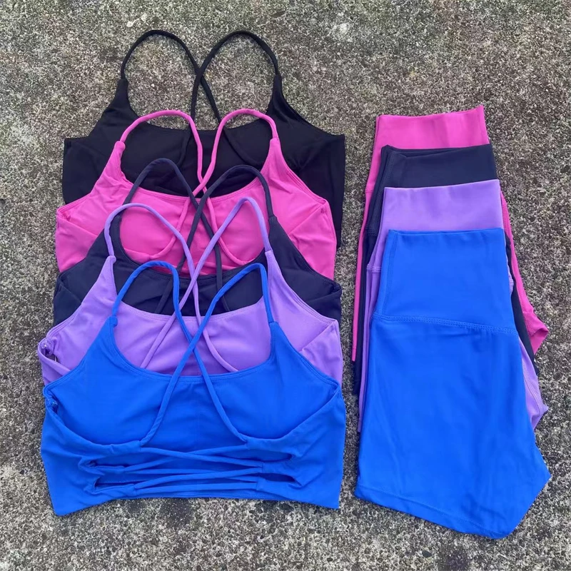 

2 Piece Gym Shorts Set Yoga Sports Set Women Workout Clothes Fitness Suit Cross Straps Bra High Waist Shorts Running Tracksuit