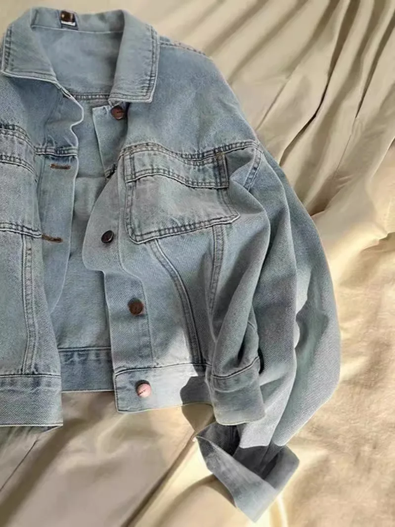 Europejska sprana bawełniana kurtka dżinsowa w stylu retro, damska, wiosenna i jesienna, cienka, koreańska, luźna, krótka kurtka z długimi rękawami