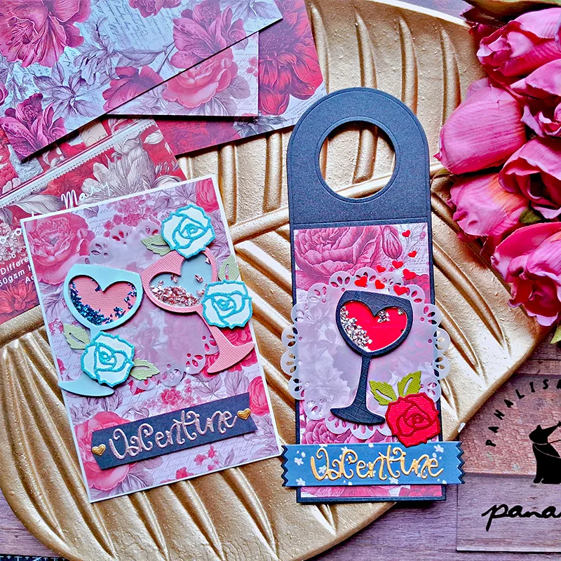 Wine Glass Rose Heart Phrase Stencil Metal Cutting Dies DIY Scrapbooking Valentine Cardmaking Paper Craft Embossing Template