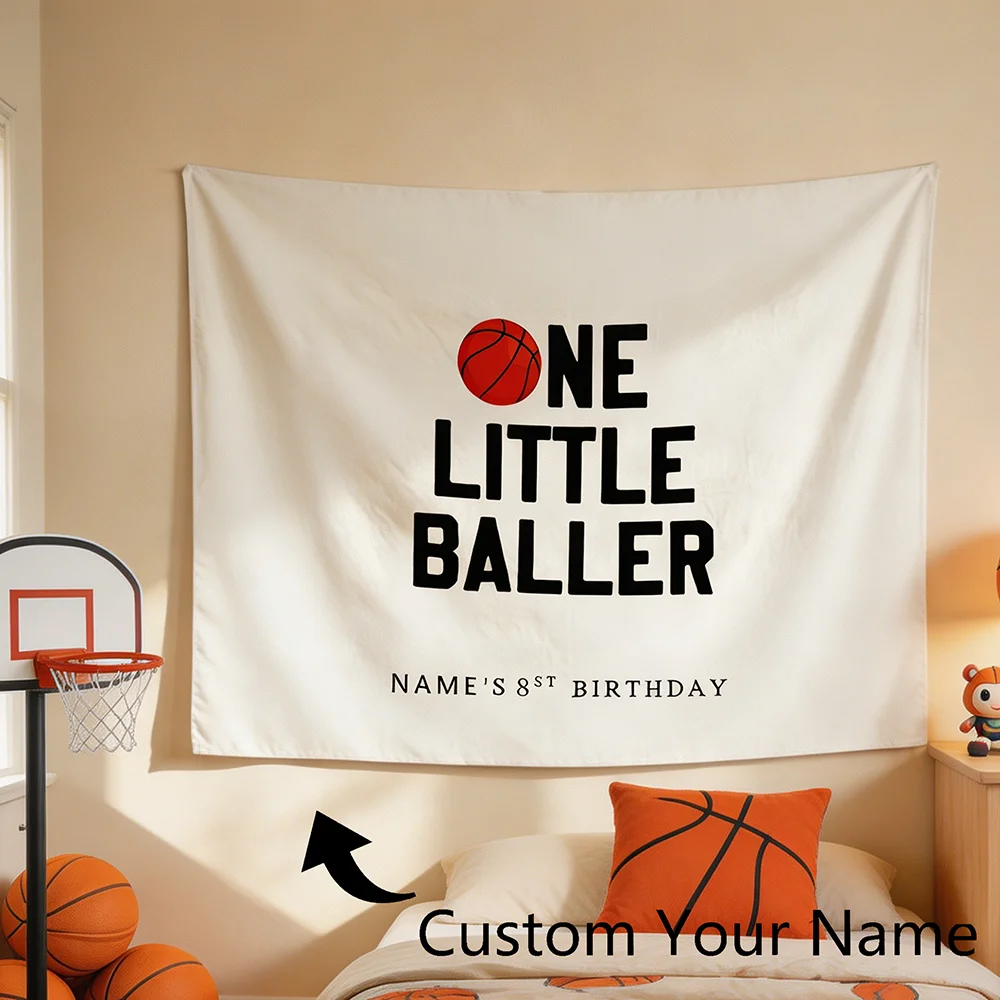 1PC Personalized Basketball One Little Baller Birthday Tapestry Custom Name Sports Wall Hanging Boys Bedroom Celebration Decor