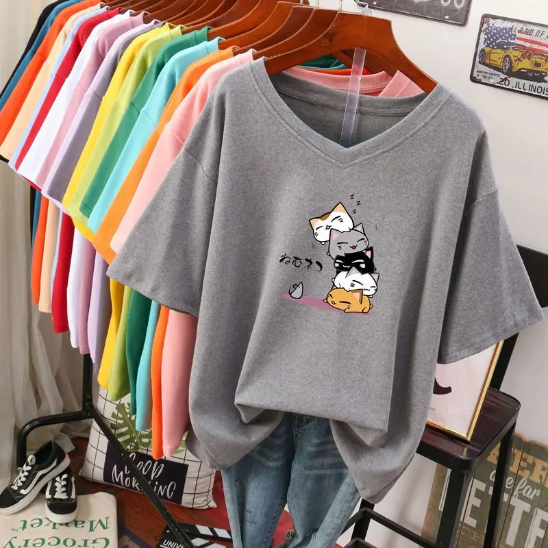 Plus Size 5XL 140KG Summer Cotton T Shirt For Women Kawaii Cat Tees Short Sleeve V Neck Large Tops Oversized Tees