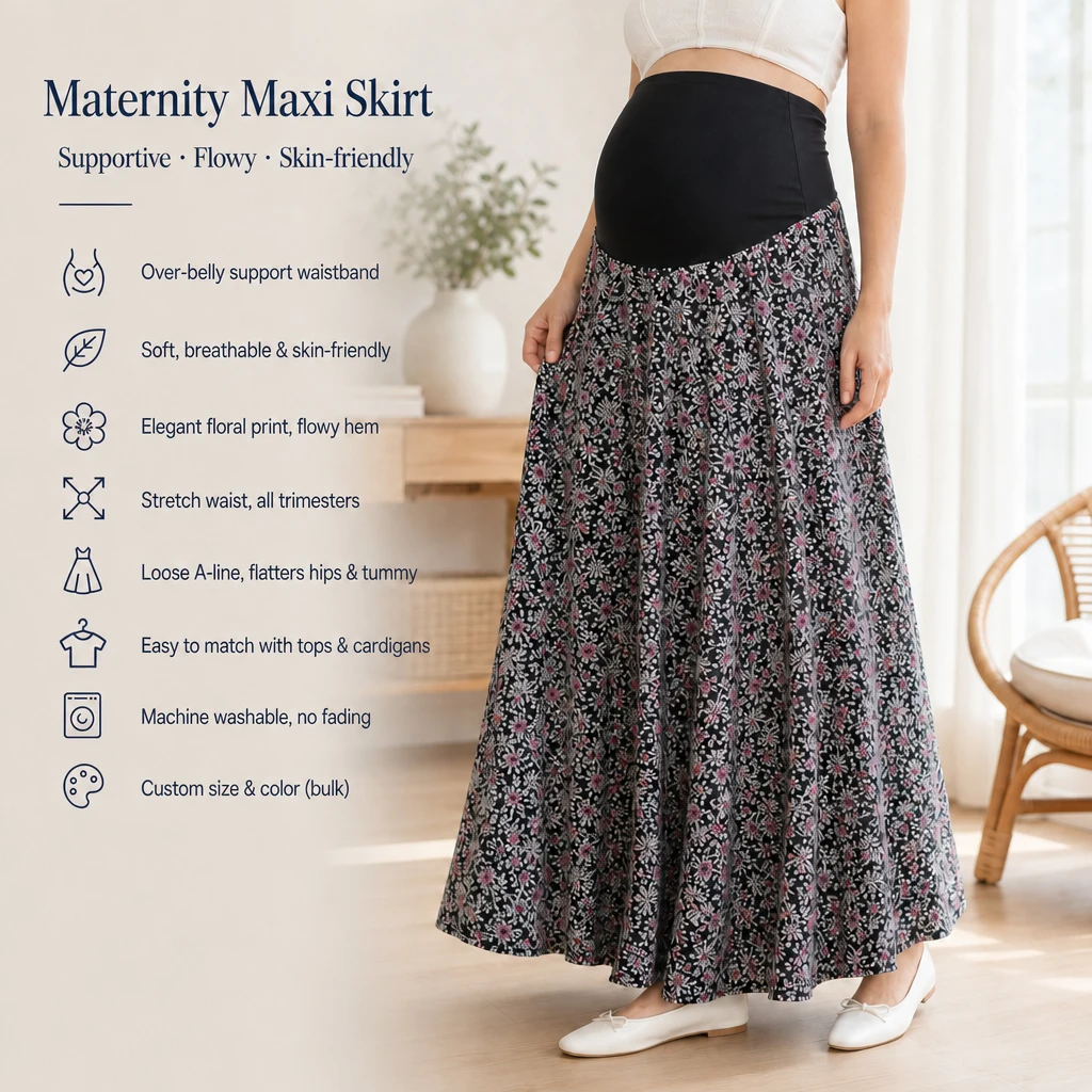 Floral Print Maternity Maxi Skirt Over Belly Support Waistband Chiffon Flowy A-Line Long Skirt for Pregnant Women