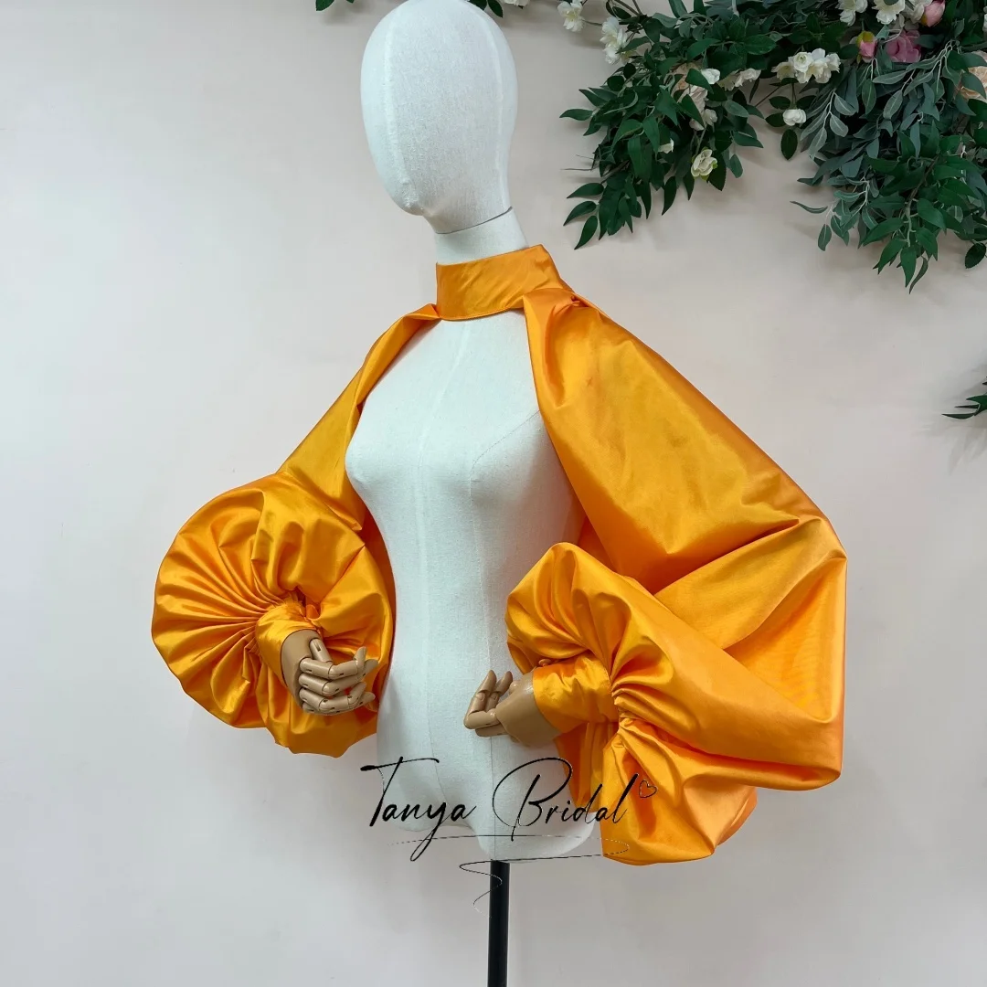 Orange Taffeta High Neck Bolero Jacket Giant Puff Sleeve Back Button Cape Shrug Wedding Evening Dress Cover Up