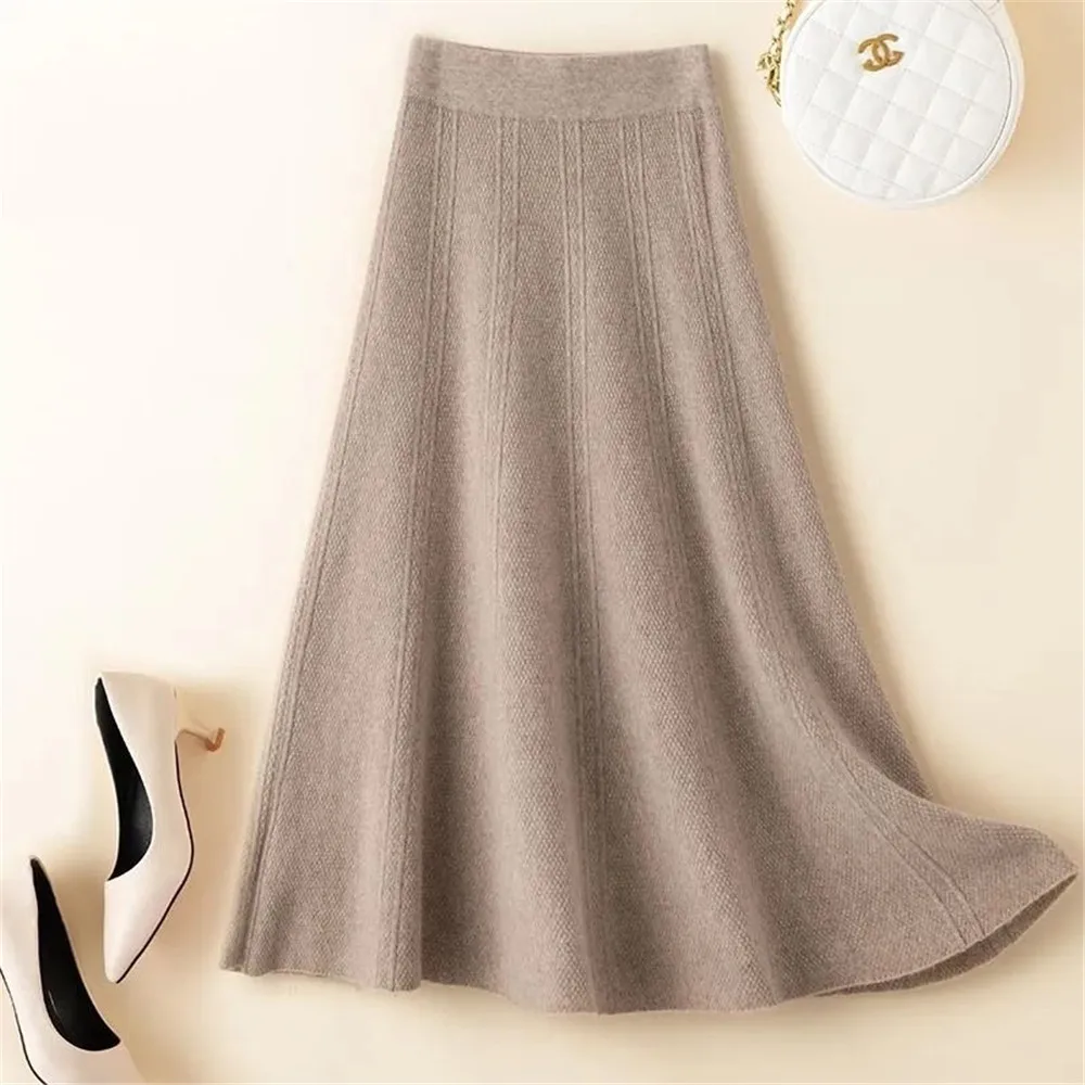 

Autumn Winter Woman'S Clothing Skirt Elastic High Waist A-Line Skirt 100% Woollen Computer Knitted Jumper Korean Mid Calf Skirt