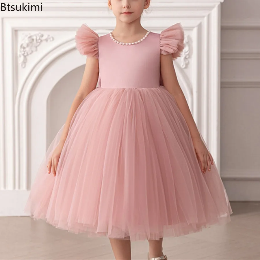Mesh Flying Sleeve Princess Dress Children's Clothing Merry Christmas Party Gowns with Pearl Wedding Flower Girls Vestidos 4-8Y