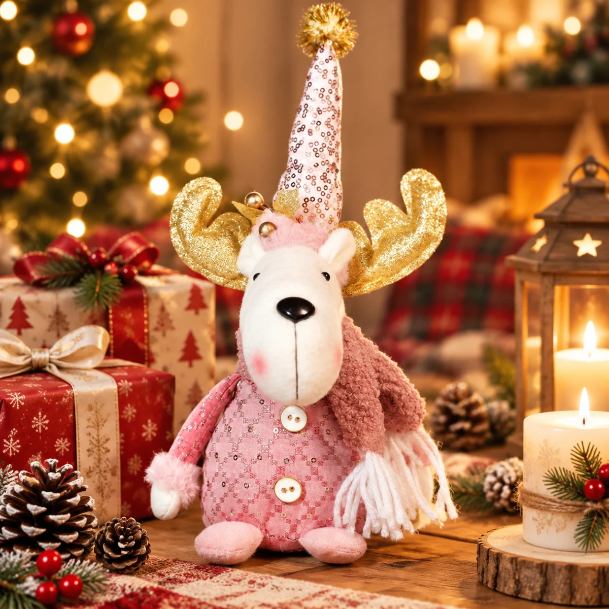Cute Pink Sequin Christmas Gnome Snowman Reindeer Ornaments Wooden Base Standing Plush Doll Home Tabletop Decor Set