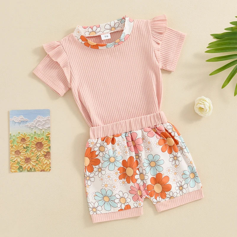 

Girls Summer 2PCS Shorts Sets Pink Short Sleeve Crewneck Ruffle Tops Floral Shorts Sets