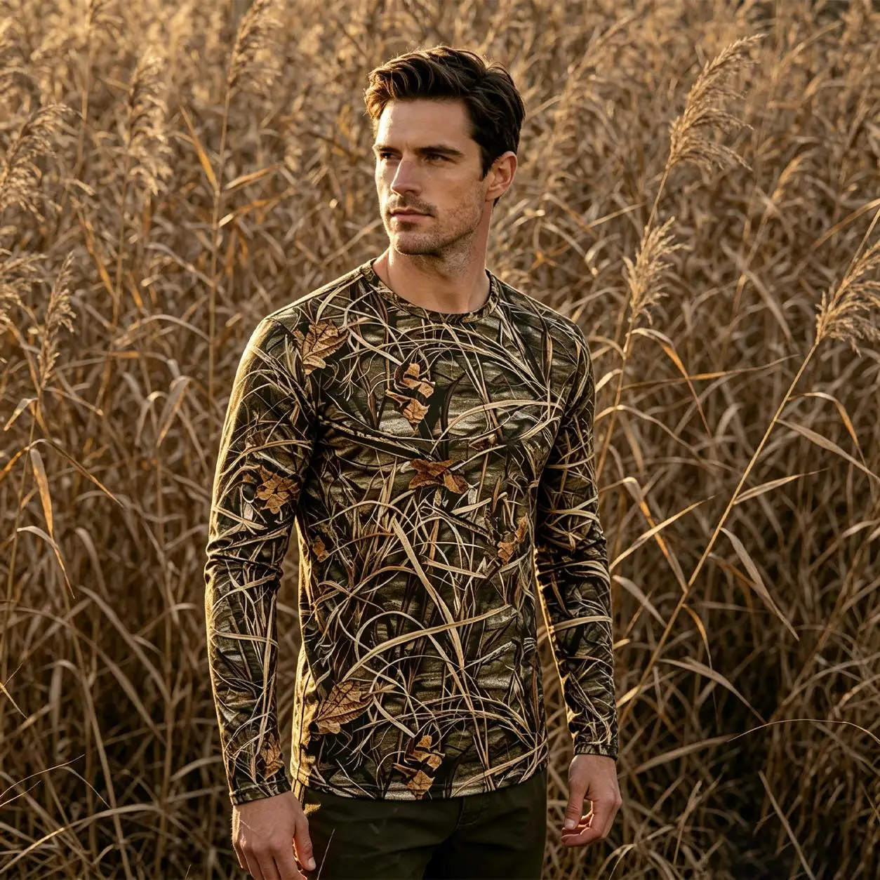 Men Quick Dry Camo Long Sleeve Tee 3D Tree Bark Reed Leaf Bionic Camouflage T-Shirt Outdoor Hunting Fishing Hiking Tactical Top
