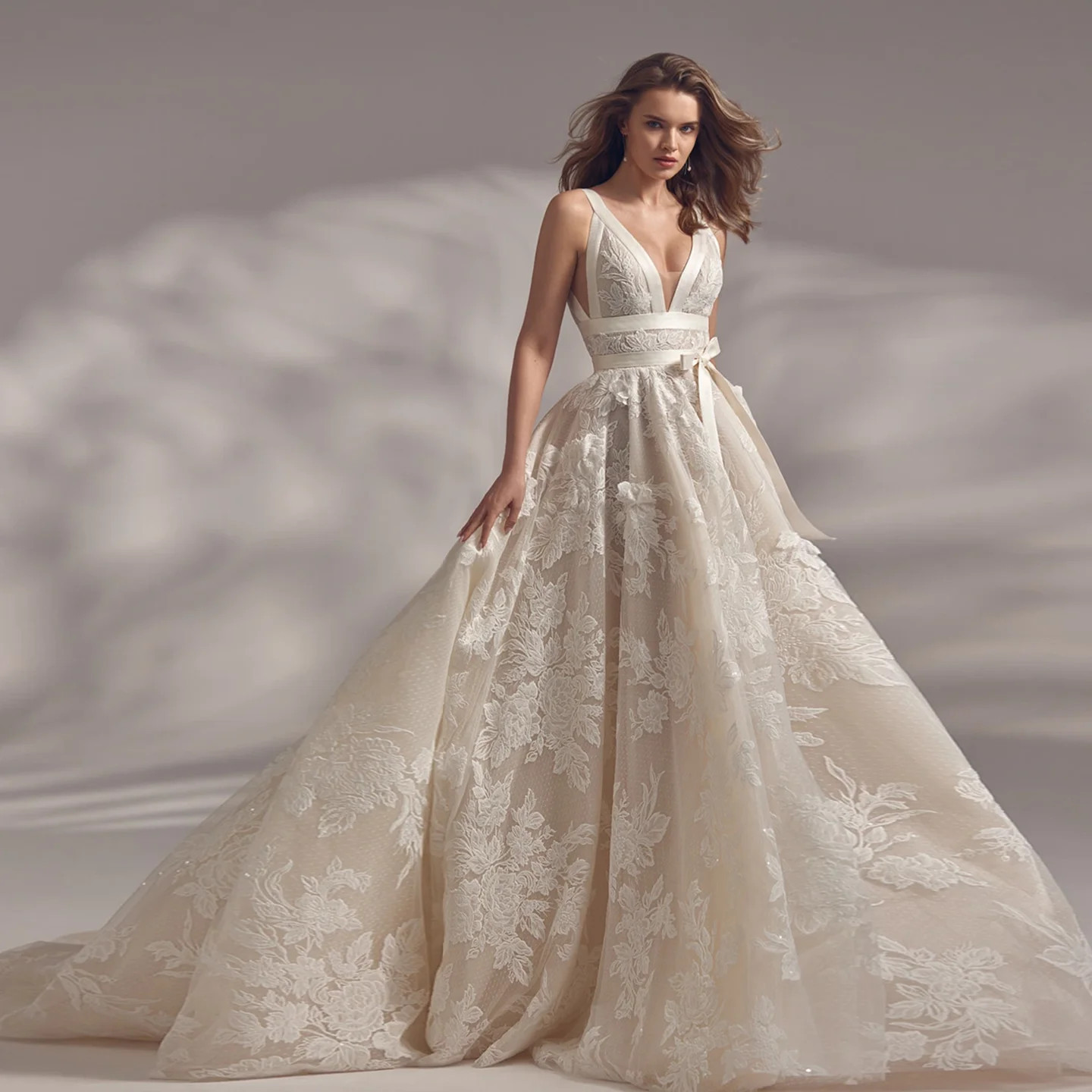 

Sharon Said Luxury Deep V-Neck A-Line Off White Tulle Wedding Dress Sexy With Bow Detail Court Train Bride Gown SW263 Customized