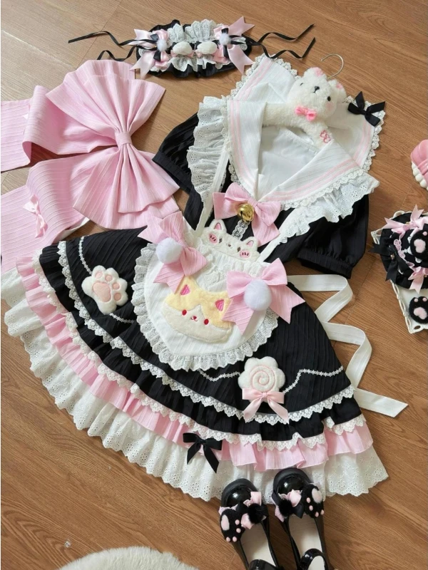 

Cute Lolita Style Two-Piece Set with Navy Collar And Bowknot Puffy Skirt Waist Cinched Polyester Short Sleeve Zipper Closure ...