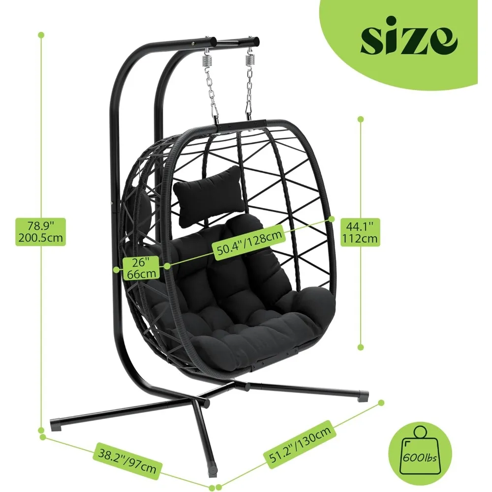 Double Swing Egg Chair with Stand, Oversized 2 Person Indoor Outdoor Wicker Patio Basket Hanging Chair with Cushion